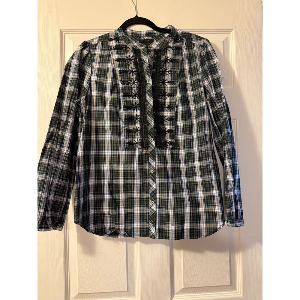 J.Crew Green Plaid Sequin Beaded Embellished Cotton Blouse Top TM Medium Tall